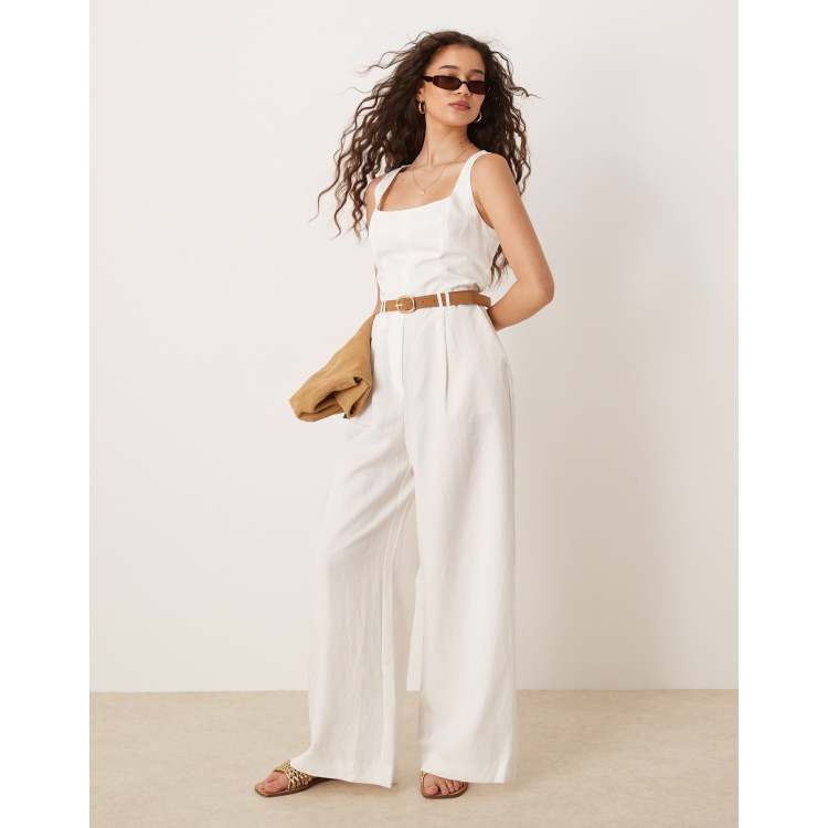 Mango pleat front structured jumpsuit with belt in white