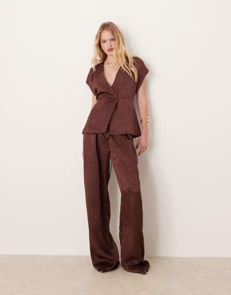 Mango pleat front trouser co-ord in brown - view 1
