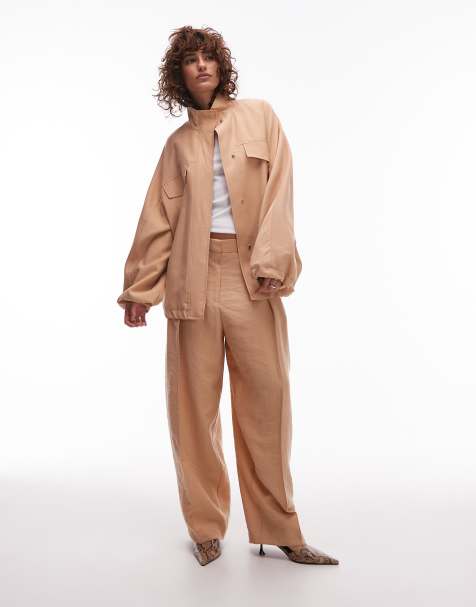 Mango pleated ballon fit tailored trouser cinched top and soft touch jacket 3 piece co-ord in beige - view 1