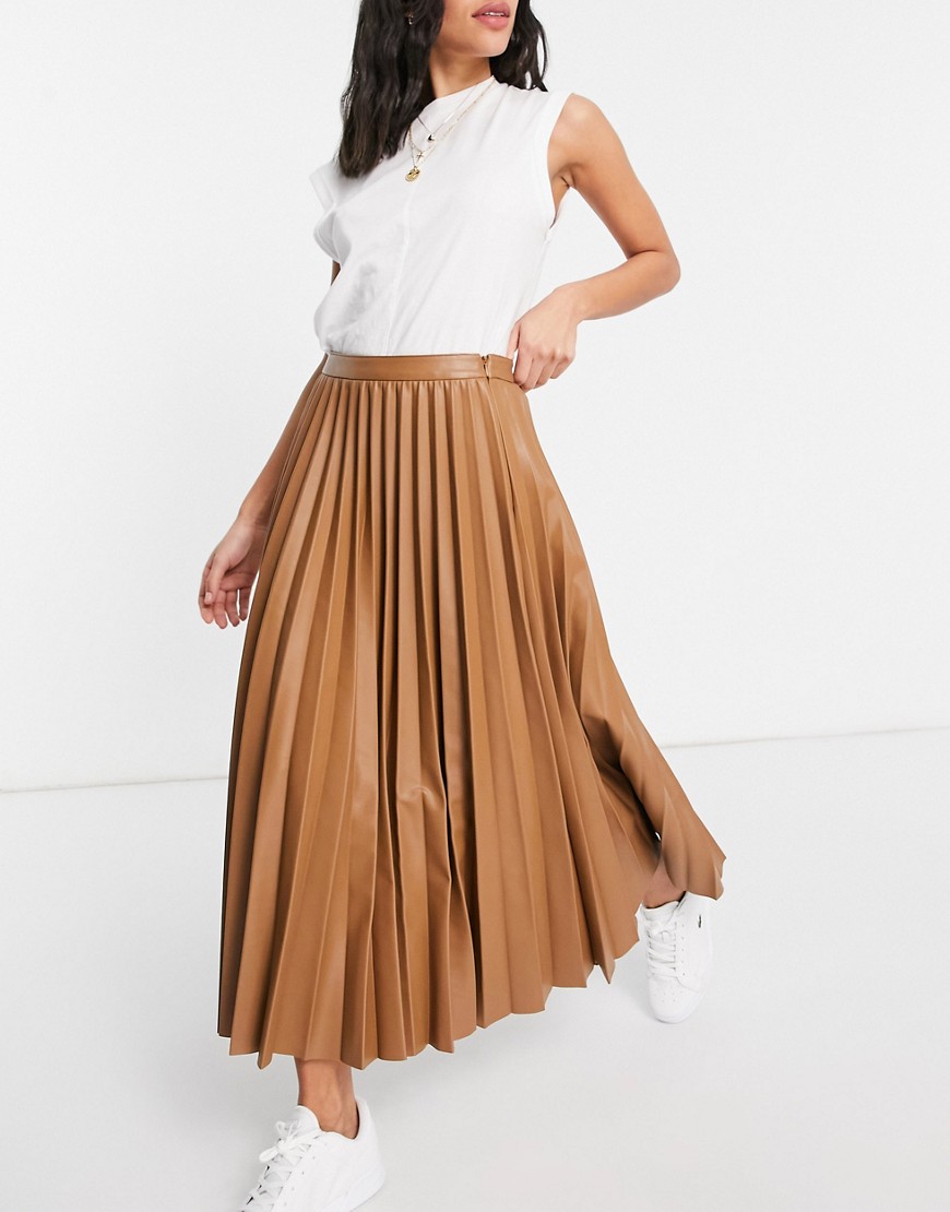 Mango pleated faux leather midi skirt in brown