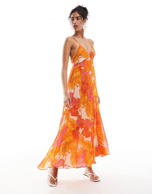 Mango pleated floral print dress in pink and orange | ASOS