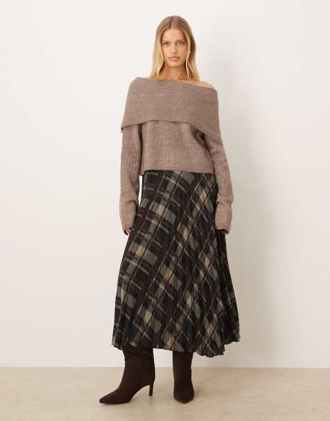 Mango pleated maxi skirt in brown check - view 1