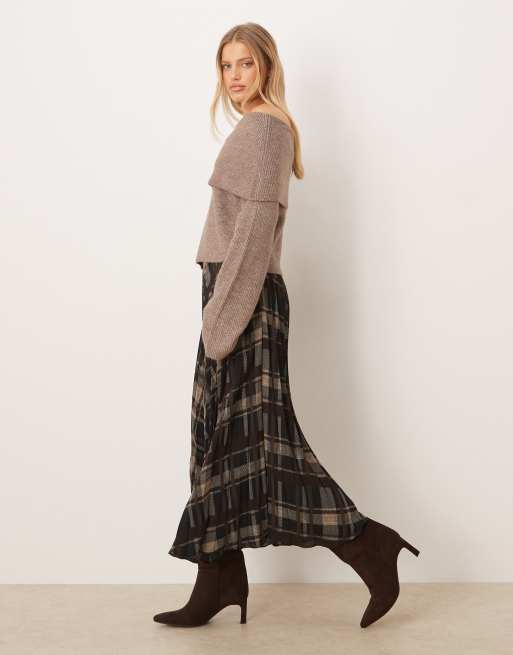 Mango pleated maxi skirt in brown check, 4 of 5
