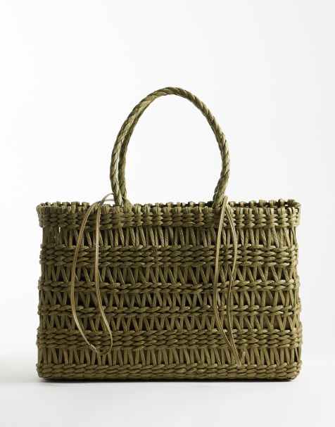 Mango – Pleciona torebka typu tote w kolorze khaki - view 1
