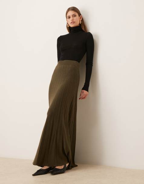 Mango wool mix pleated maxi skirt in khaki