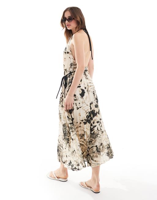 Mango – Plisowana szara sukienka midi w wężowy wzór z dekoltem typu halter, 4 z 4