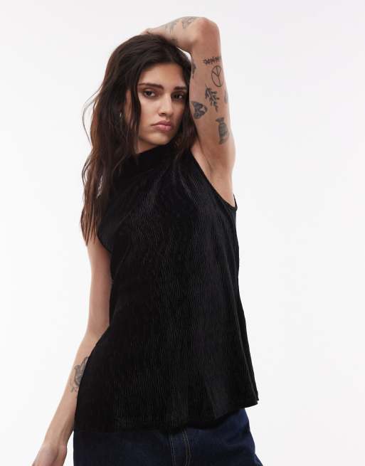 Mango plisse high neck sleeveless top in black