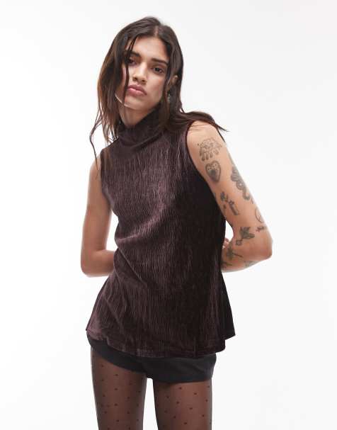 Mango plisse high neck sleeveless top in purple - view 1