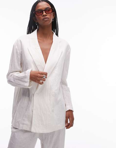 Mango plisse linen mix blazer co-ord in white - view 1