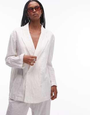 plisse linen mix blazer in white - part of a set