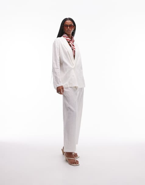 Mango plisse linen mix trousers co-ord in white - view 1