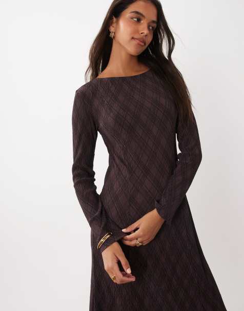 Mango plisse long sleeve midi dress in brown diamond print - view 1