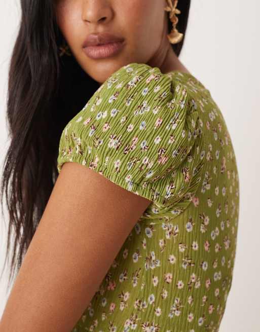 Mango plisse midi dress in green floral print