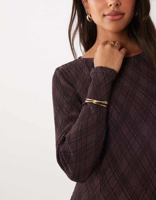 Mango plissé midi-jurk met lange mouwen en bruine diamantprint, 3 van 4