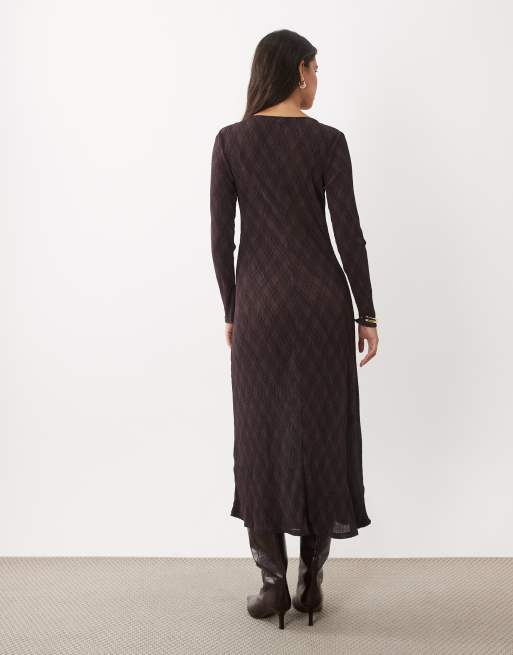 Mango plissé midi-jurk met lange mouwen en bruine diamantprint, 4 van 4
