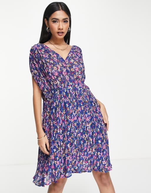 Mango - Plissé mini-jurk met bloemenprint in marineblauw