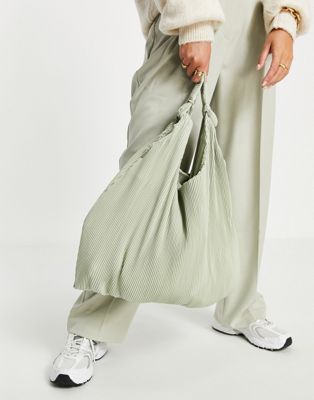 Mango plisse shoulder shopper bag in sage green