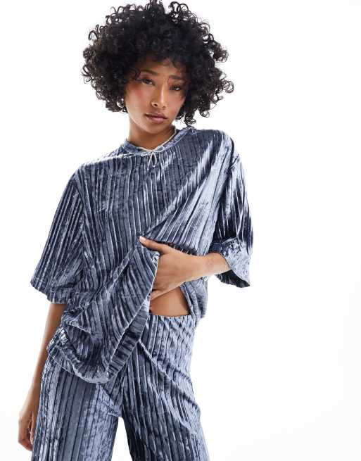 Mango - Plissé T-shirt van co-ord set in blauw