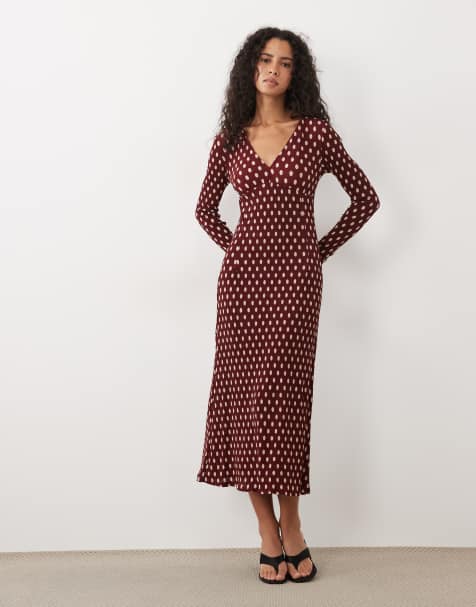 Mango plisse v neck long sleeve midi dress in maroon polka dot print - view 1