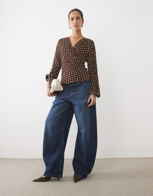 Mango plisse wrap long sleeve top in brown polka dot print , 2 of 4