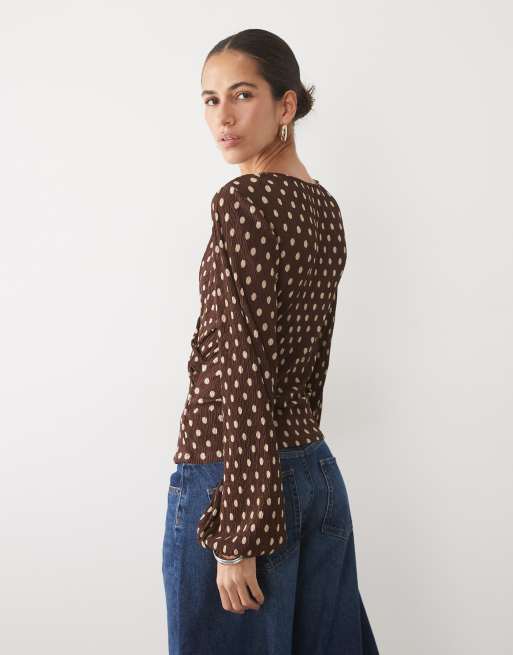 Mango plisse wrap long sleeve top in brown polka dot print , 3 of 4