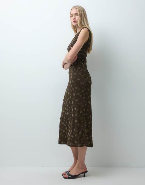 Mango plisseret ærmeløs midikjole med brunt blomsterprint - view 1