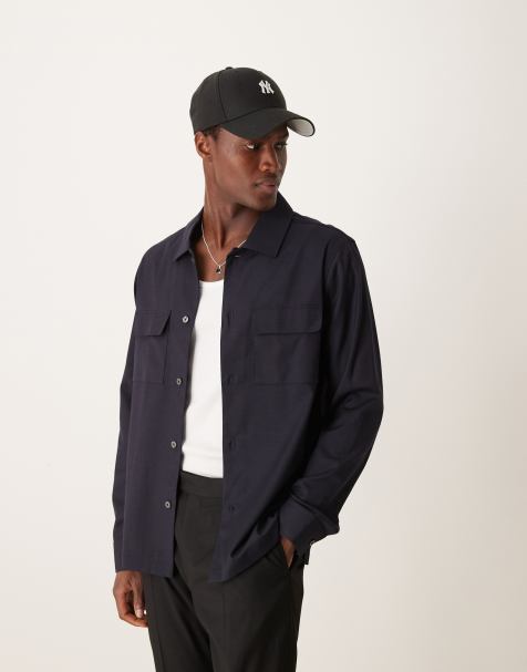 Mango pocket detail slim fit shirt in navy - view 1
