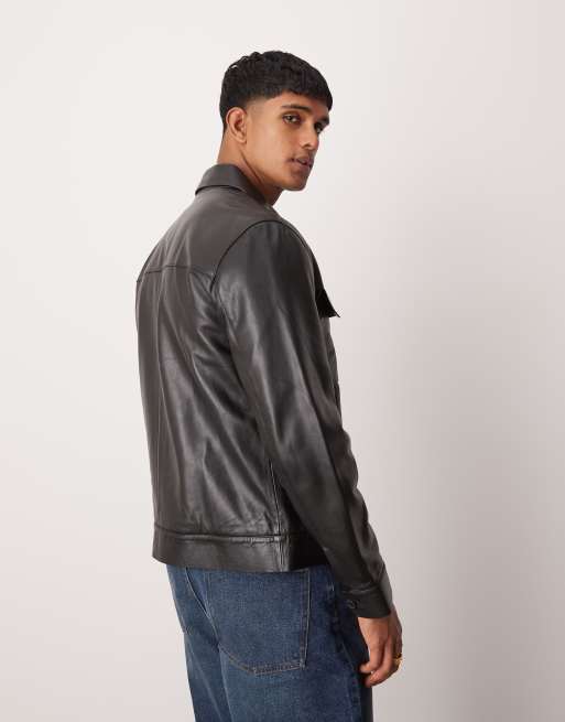 Mango pocket detail zip down leather jacket in black ASOS