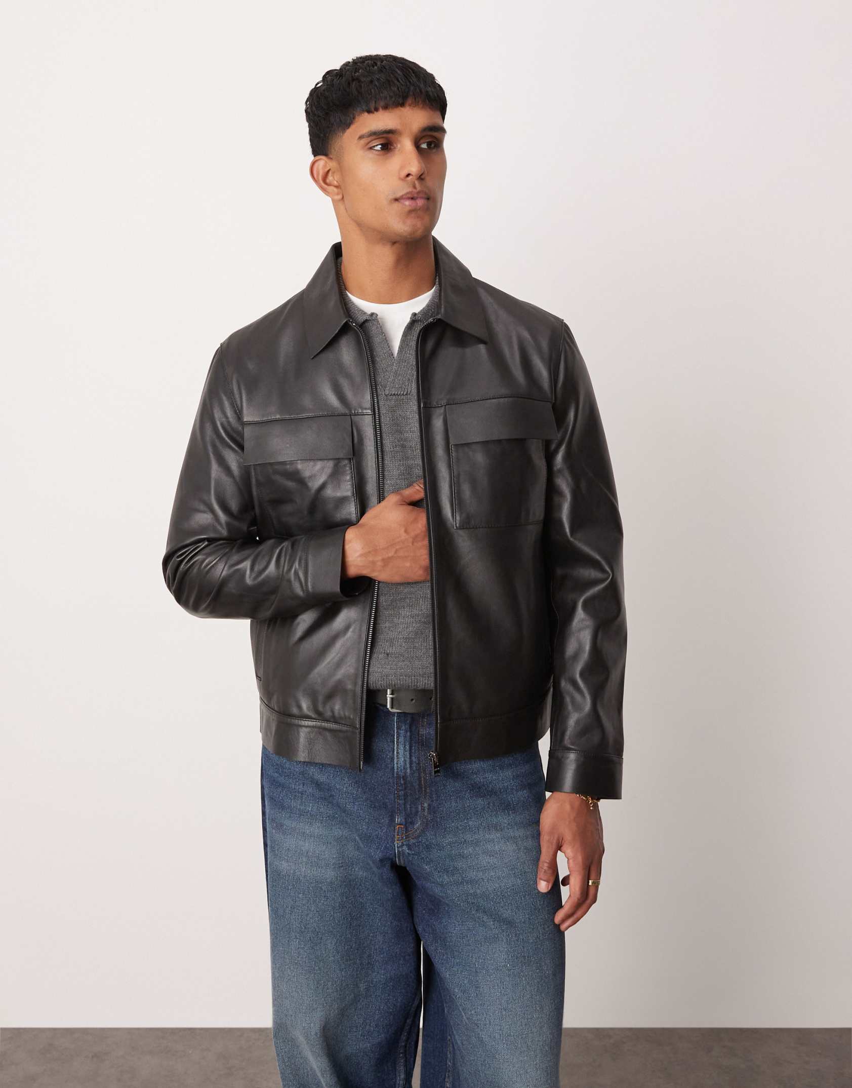 Mango pocket detail zip down leather jacket in black ASOS Price Checker