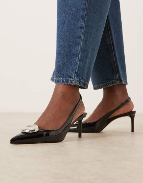 Mango pointed heeled slingback with statement hardware in black - view 1