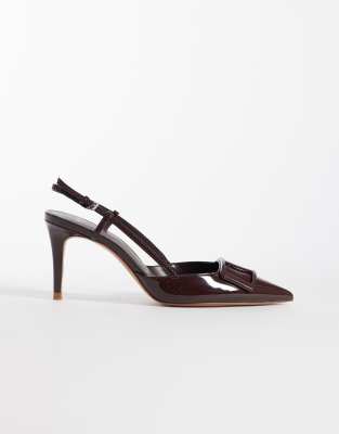  pointed heeled slingbacks with statement buckle in dark brown