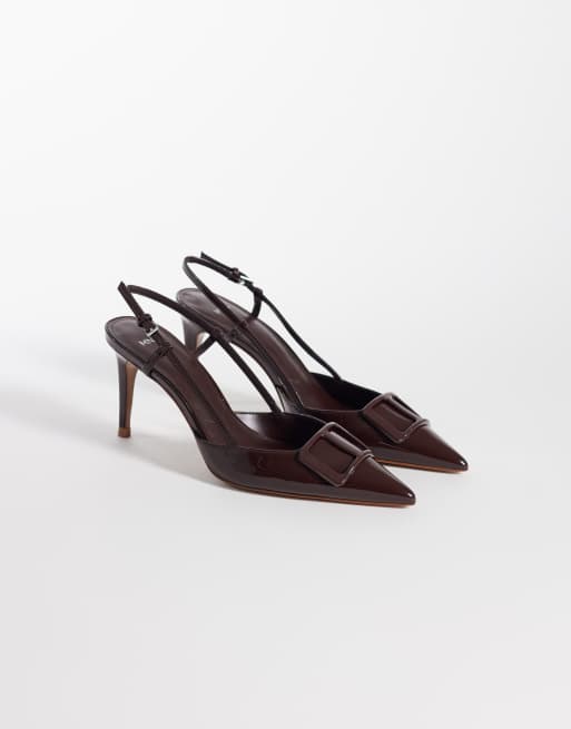 Mango pointed heeled slingbacks with statement buckle in dark brown, 2 of 4
