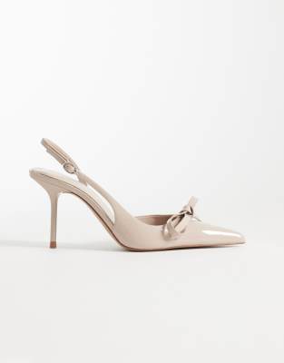 Mango Pointed Toe Heeled Slingback Pumps With Bow Detailing In Neutral