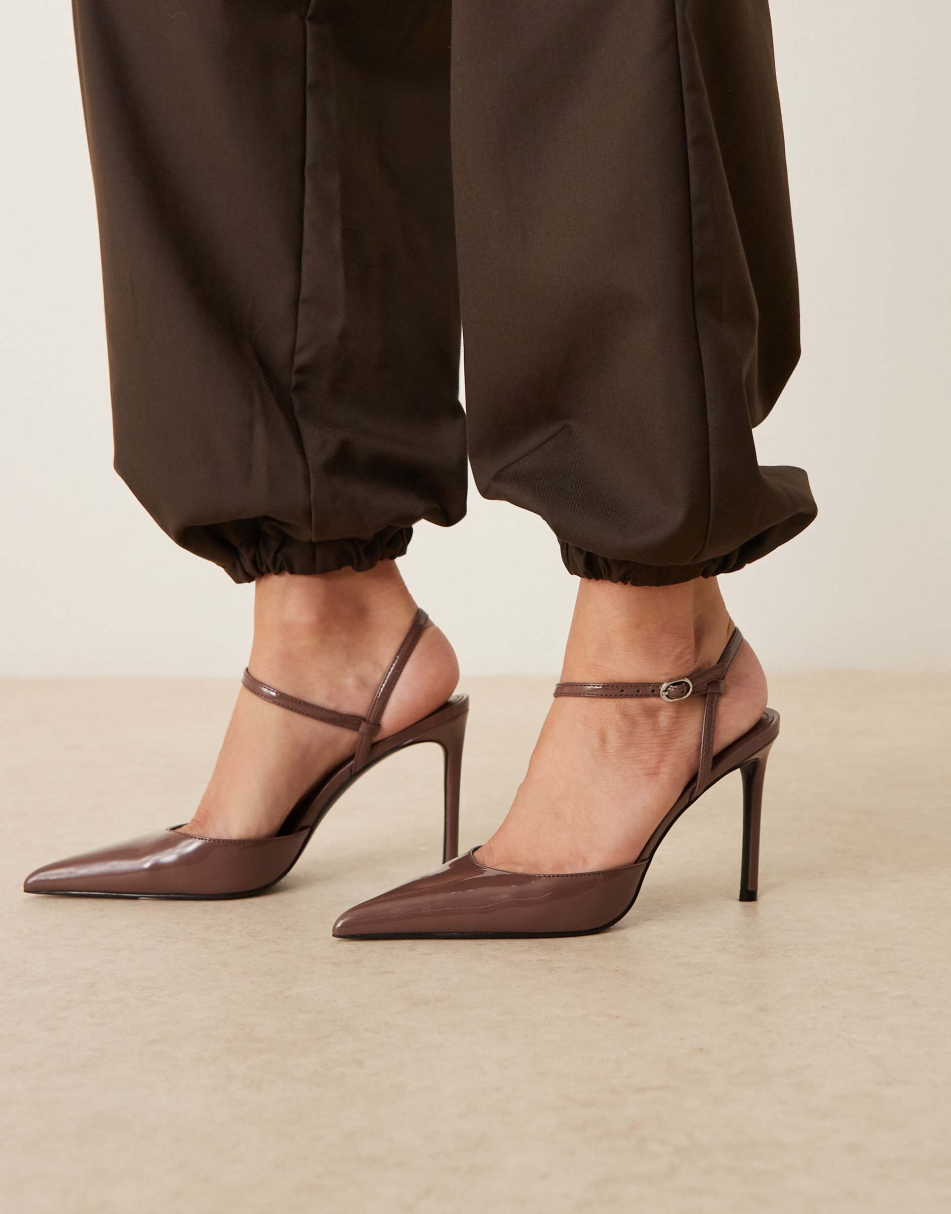 mango pointed toe heels with ankle strap detailing in brown