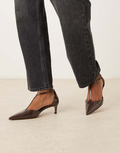 Mango pointed toe kitten heel shoes in chocolate brown - view 1