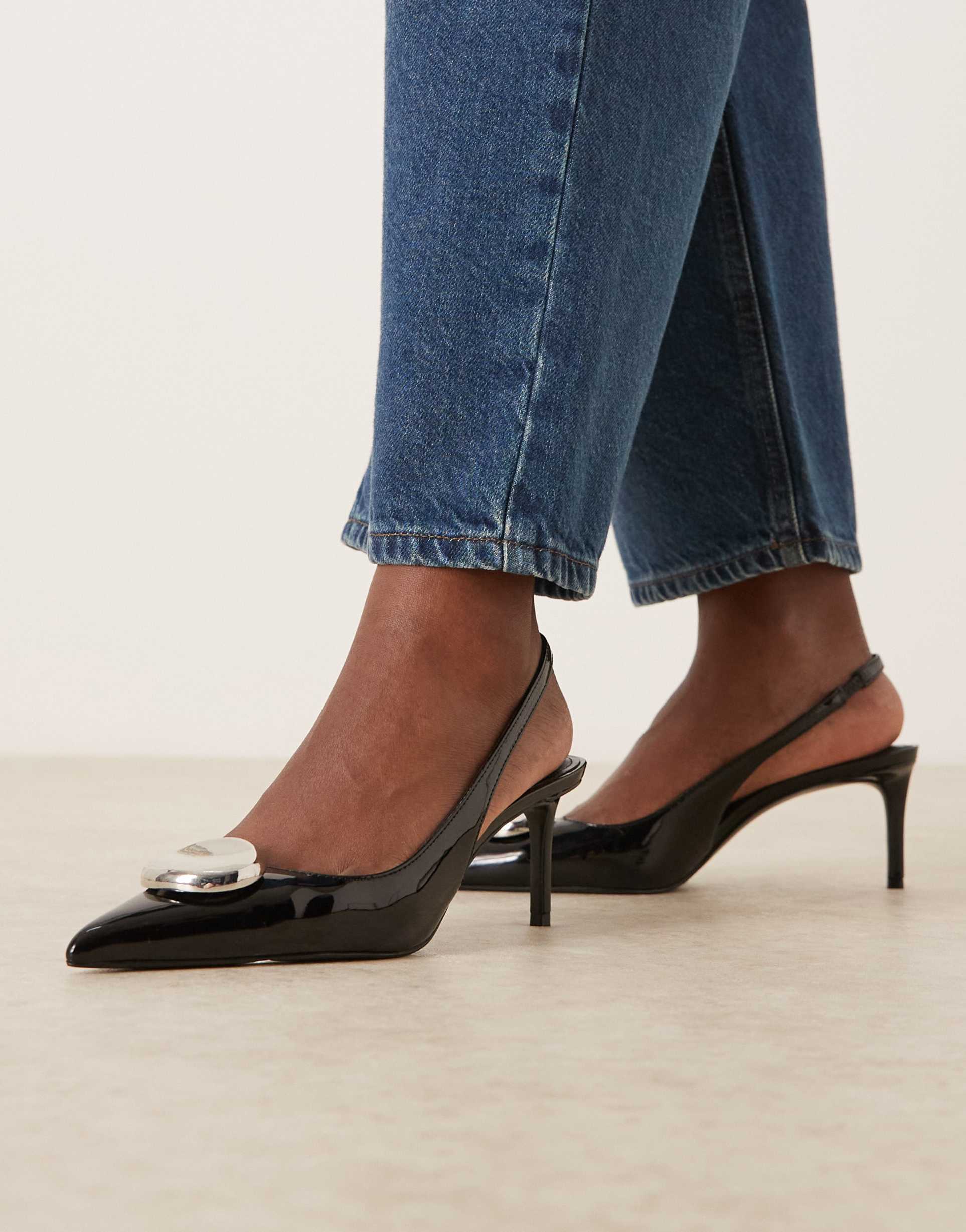 mango pointed toe slingback heels with statement hardware in black
