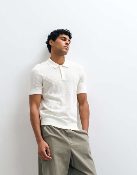 Mango pointelle knit polo shit in ecru - view 1