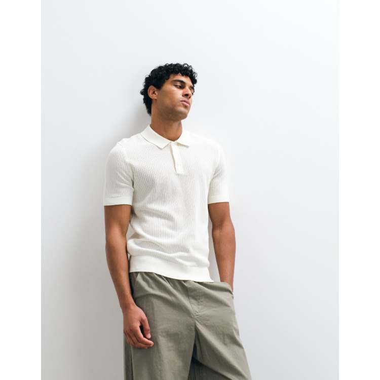ガブリエルTTT_MSW Persia knit polo shirt Mango pointelle knit polo shit in ecru | ASOS