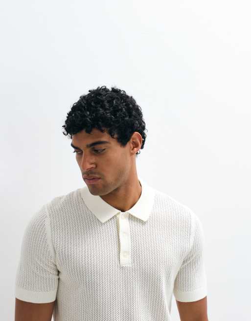 Mango pointelle knit polo shit in ecru, 2 of 5