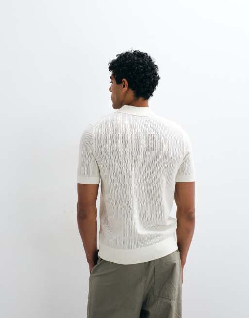 Mango pointelle knit polo shit in ecru, 3 of 5