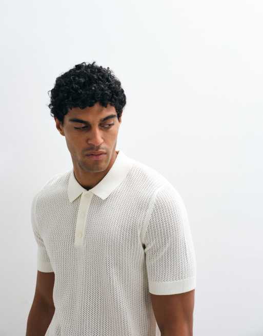 Mango pointelle knit polo shit in ecru, 4 of 5