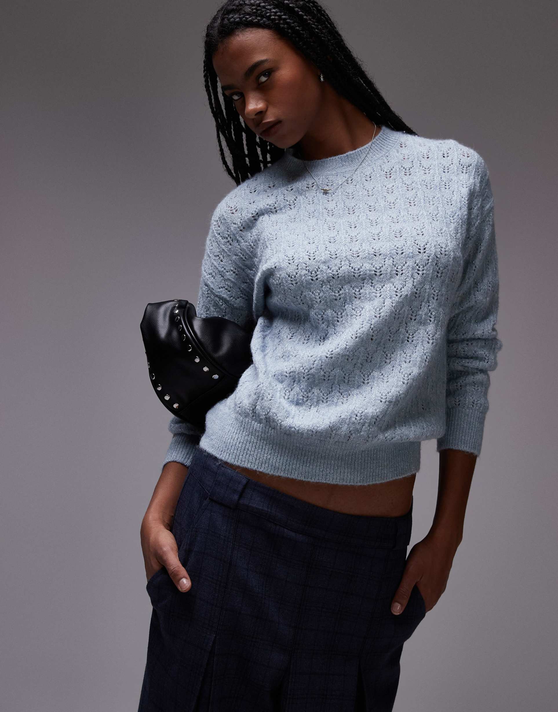 mango pointelle sweater in pale blue