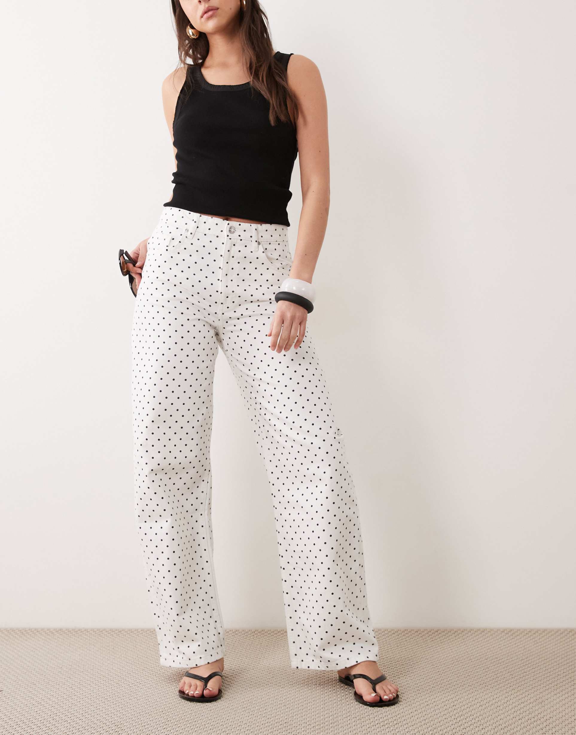 mango polka 100% cotton straight jeans in white and black polka dots