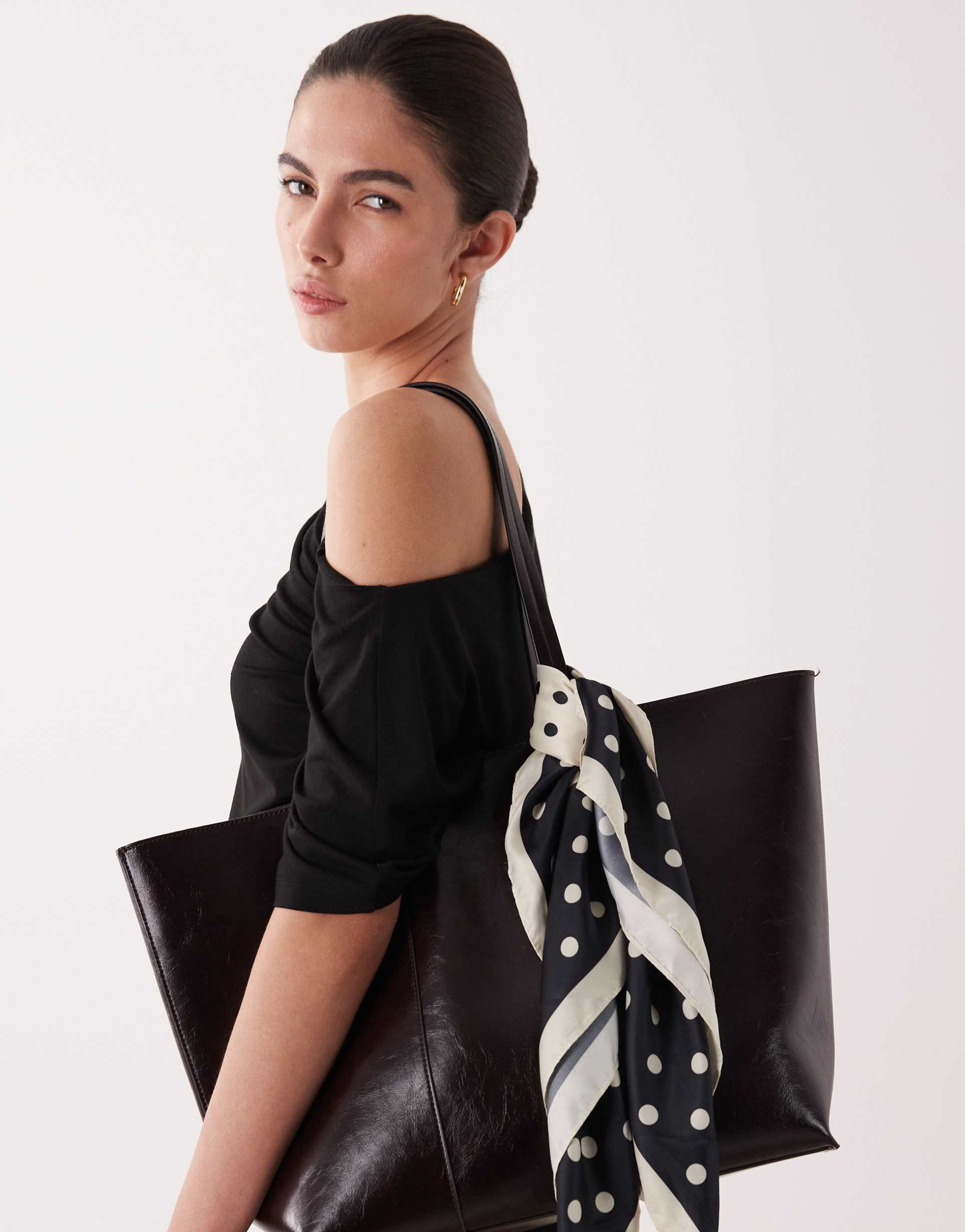 mango polka dot satin bag scarf in beige