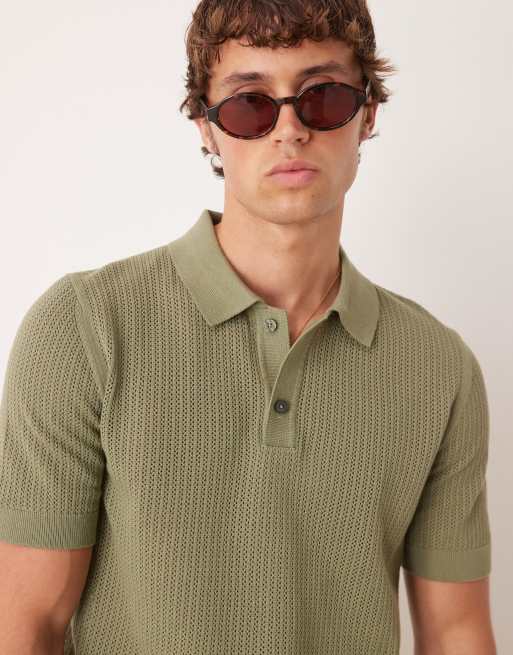 Mango - Polo à manches courtes en maille de coton ajourée - Vert clair