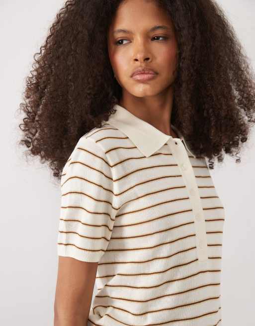 Mango - Polo a maniche corte color crema e marrone a righe