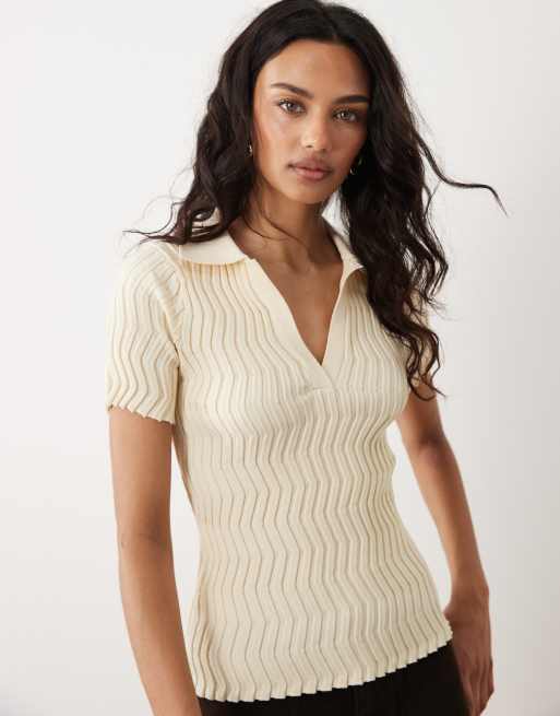 Mango - Polo a maniche corte testurizzata color crema