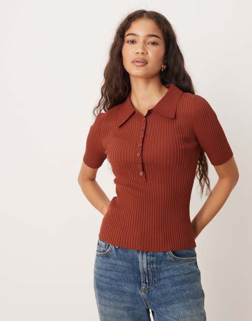 Mango - Polo color ruggine in maglia a maniche corte