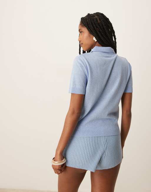 Mango - Polo corta in maglia compatta blu tenue, 3 di 4