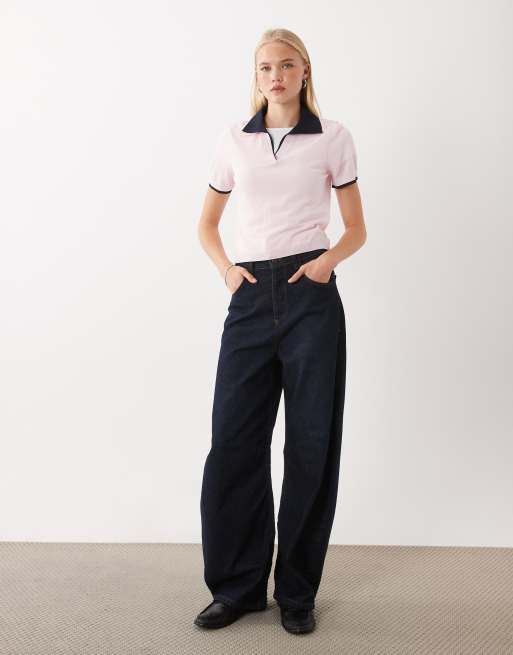 Mango polo in maglia a maniche corte con profili a contrasto in rosa pastello, 4 di 4